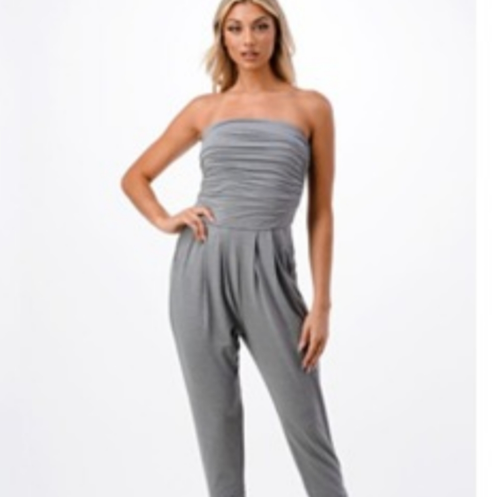 Tube top shirring Jumpsuit with pockets Light Charcoal